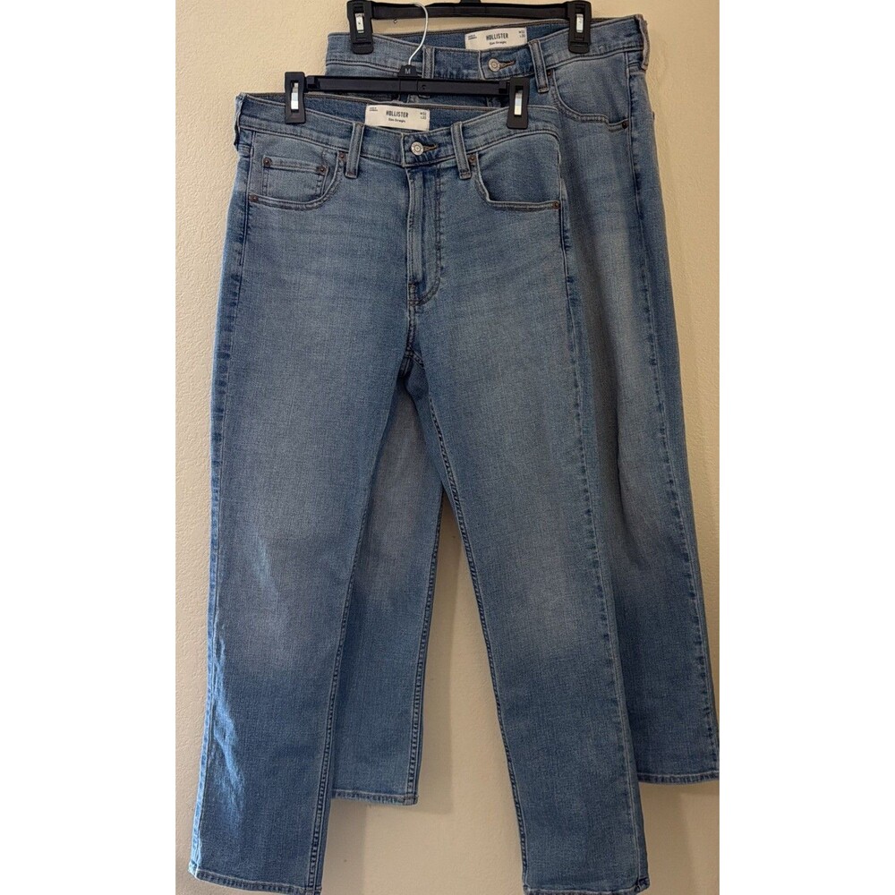Lot 2 Hollister Mens 32x30 Slim Straight Jeans Blue Medium Wash Stretch Denim